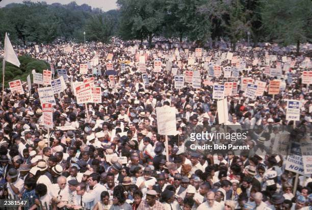 View of some of the thousands of civil rights demonstrators during the March on Washington, Washington, DC, August 28, 1963.