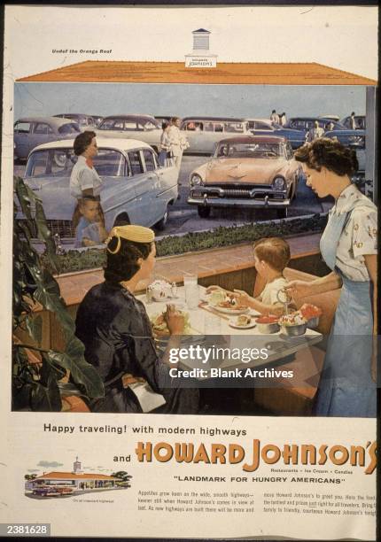 Advertisement for Howard Johnson's Restaurants showing a woman and a boy being served by a waitress.