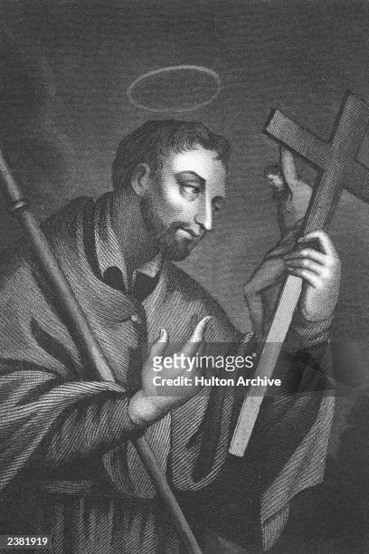 Basque Jesuit missionary Saint Francis Xavier worships the Holy Cross, circa 1540.
