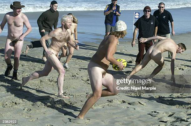 The International Barbarians run against the Kiwi Selection during the International Nude Touch Rugby match at St Kilda's beach on on August 9...