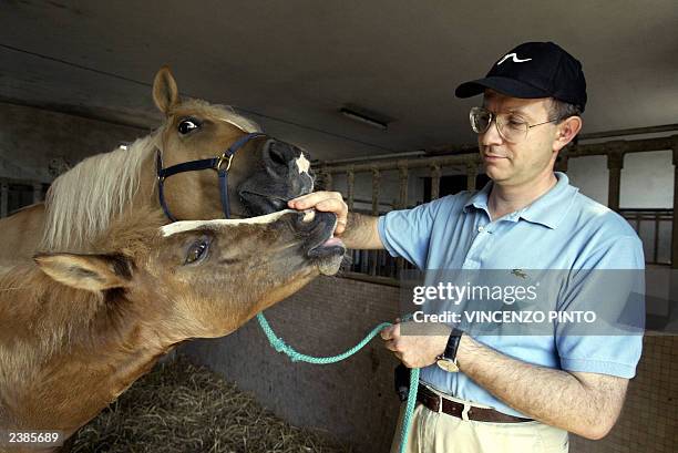 Prometea , the world's first horse clone, nuzzles the hand of Italian scientist Cesare Galli as her mother Stella Cometa watches in the stable of the...