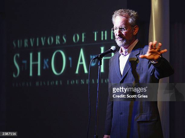Steven Spielberg speaks at the 2nd Annual "Evening In The Hamptons" to benefit the Shoah Foundation on August 10, 2003 in East Hampton, New York. The...