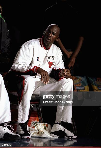 Guard Michael Jordan of the Chicago Bulls looks on during the McDonald''s Championship final against the Olympiakos at the Palais Omnisports de...