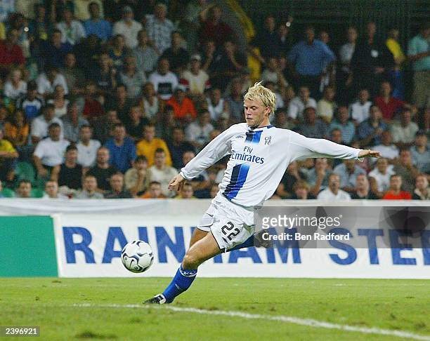 Eidur Gudjohnsen of Chelsea scores during the Champion's League qualifying match between MSK Zilina and Chelsea at the Mestsky Stadion on August 13,...