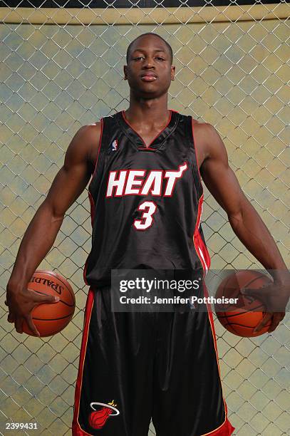Dwyane Wade of the Miami Heat poses during a NBA rookie photo shoot at the MSG training facility in Tarrytown, New York on August 7, 2003. NOTE TO...