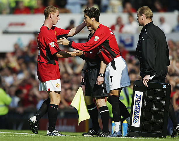 Cristiano Ronaldo of Man Utd makes his debut during the FA Barclaycard Premiership match between Manchester United and Bolton Wanderers at Old...