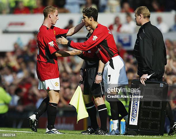 Cristiano Ronaldo of Man Utd makes his debut during the FA Barclaycard Premiership match between Manchester United and Bolton Wanderers at Old...