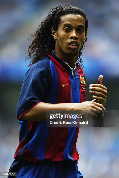 Ronaldinho of FC Barcelona in action during the Pre-Season Friendly match between Manchester City and FC Barcelona held on August 10, 2003 at The...