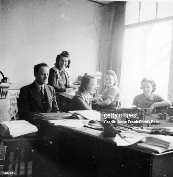 The office personnel in Otto Frank's company, Amsterdam, Netherlands, 1941. : Victor Kugler, Esther, Bep Voskuyl, Pine, and Miep Gies.The last names...