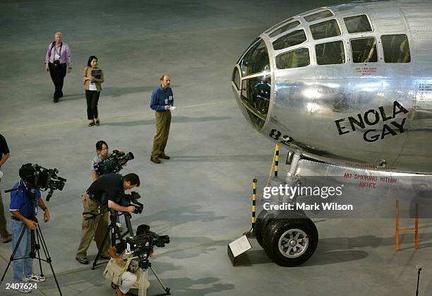 The Boeing B-29 Superfortress bomber, the Enola Gay, sits restored and reasembled in the new Smithsonian Air and Space Museum's Udvar-Hazy Center,...