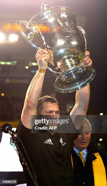 All Black captain Reuben Thorne with the Bledisloe Cup after the second Tri Nations and Bledisloe Cup match between the New Zealand All Blacks and...