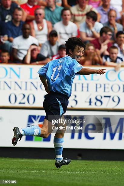 Sun Jihai of Manchester City celebrates scoring during the FA Barclaycard Premiership match between Charlton Athletic and Manchester City on August...