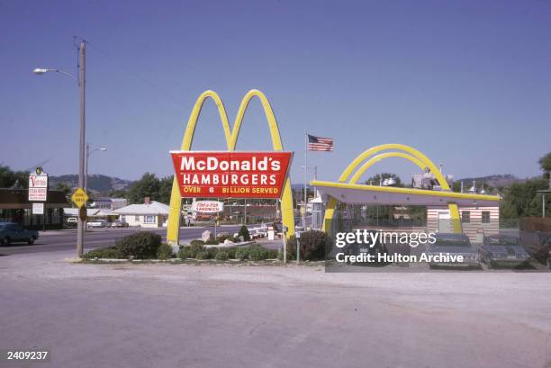 The exterior of a McDonald's fast food restaurant, USA, August 1970. The location of the outlet is possibly on Interstate 90 in Rapid City, South...