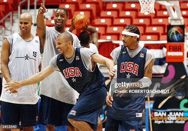 Player Jason Kidd jokes with teammates Allen Iverson , Ray Allen and Richard Jefferson at the end of their practice session at the Roberto Clemente...