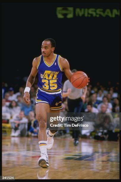 Darrell Griffith of the Utah Jazz in action with the ball during a game against the Denver Nuggets at McNichols Arena in Denver, Colorado. Mandatory...