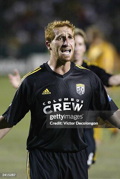 Defender Chad McCarty of the Columbus Crew argues a call during the MLS game against the Los Angeles Galaxy at the Home Depot Center on August 9,...