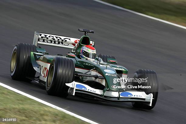 Justin Wilson of Great Britain and Jaguar in action during a practice session for the Formula One Hungarian Grand Prix at the Hungaroring on August...