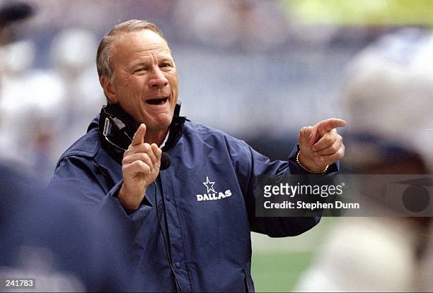 Head coach Barry Switzer of the Dallas Cowboys gives directions during a game against the Arizona Cardinals at Texas Stadium in Irving, Texas. The...