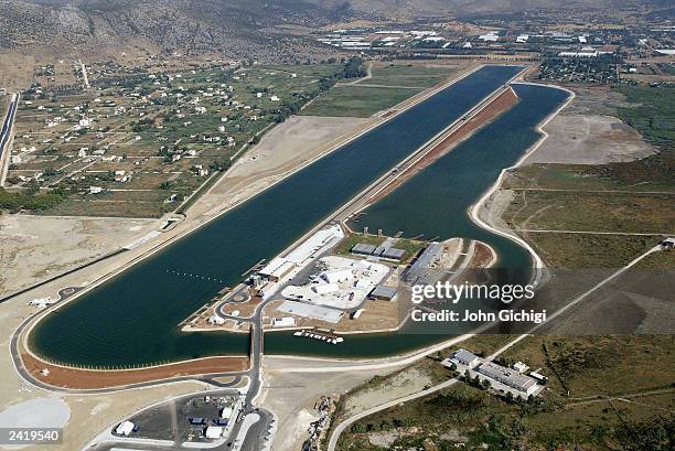 Aerial view of Schinias Olympic Rowing and Canoeing center in Greece one year before the Olympic games are due to start. Greece are preparing to host...