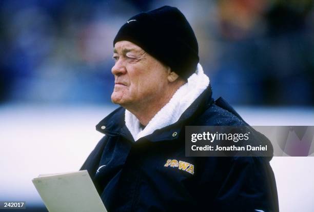 Head coach Hayden Fry of the University of Iowa during the Hawkeyes 15-14 loss to Northwestern at Ryan Field in Evanston, Illinois.