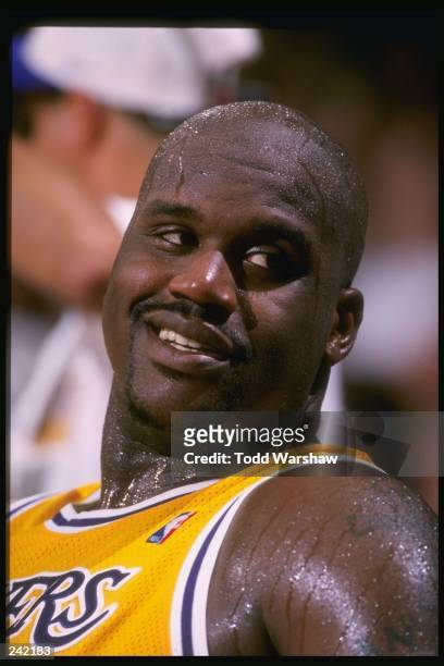 Center Shaquille O''Neal of the Los Angeles Lakers looks on during a game against the Minnesota Timberwolves at the Great Western Forum in Inglewood,...