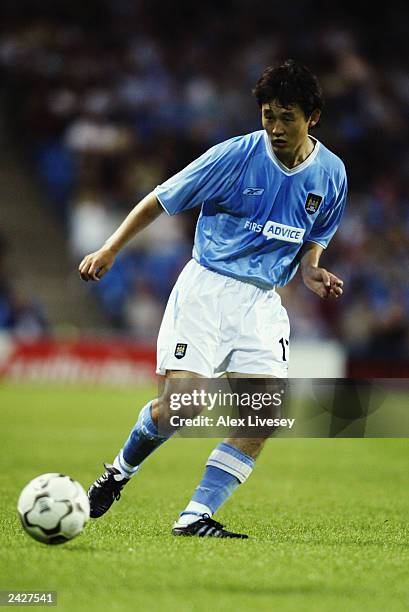 Sun Jihai of Manchester City passes the ball during the UEFA Cup qualifying round first leg match between Manchester City and Total Network Solutions...