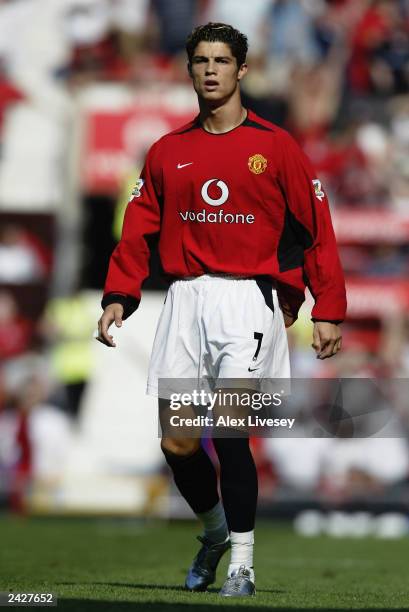 Cristiano Ronaldo of Manchester United makes his debut for his new club during the FA Barclaycard Premiership match between Manchester United and...