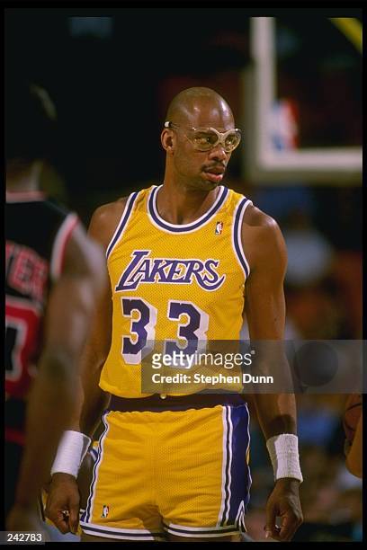 Center Kareem Abdul-Jabbar of the Los Angeles Lakers looks on during a game at the Great Western Forum in Inglewood, California. Mandatory Credit:...