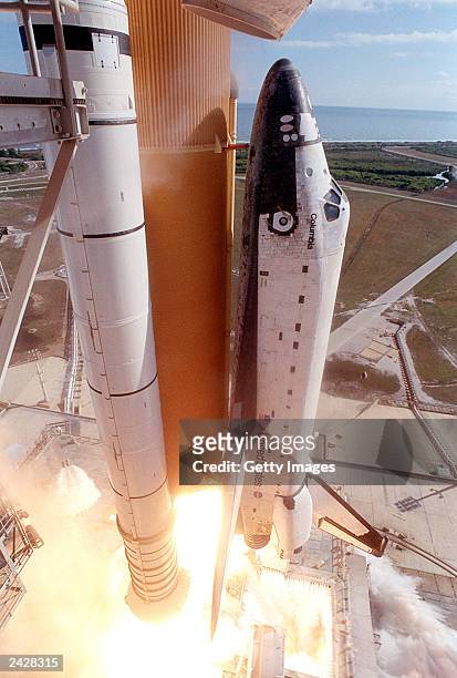 The left side of the Space Shuttle Columbia is seen during launch on January 16, 2003 at Kennedy Space Center at Cape Canaveral, Florida. Columbia...