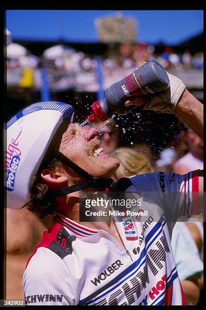 Ned Overend drinks some water during the World Mountain Bike Championships in Mammoth, California. Mandatory Credit: Mike Powell /Allsport