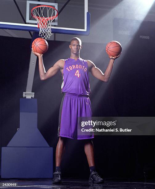 Chris Bosh of the Toronto Raptors poses for a portrait during the NBA Rookie Photo Shoot at the Madison Square Garden training facility on August 7,...