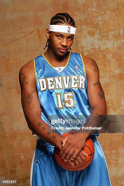 Carmelo Anthony of the Denver Nuggets poses for a picture during a NBA rookie photo shoot at the MSG training facility on August 7, 2003 in...