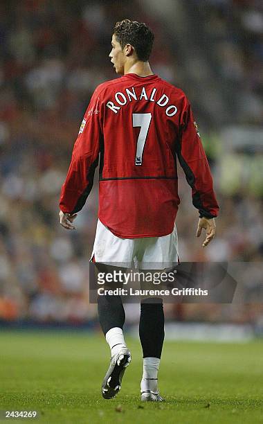 Chritiano Ronaldo of Manchester United looks over at the bench during the FA Barclaycard Premiership match between Manchester United and...