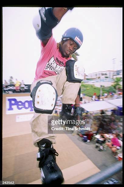 Jackson does his routine during the People Magazine In-Line Skate Spectacular in Manhattan Beach, California.