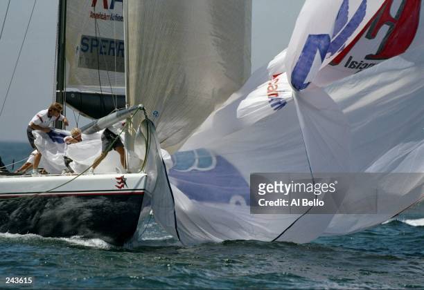 General view as the Stars and Stripes loses a spinaker sail during its win over the Mighty Mary in the final race of the Citizen''s Cup in San Diego,...