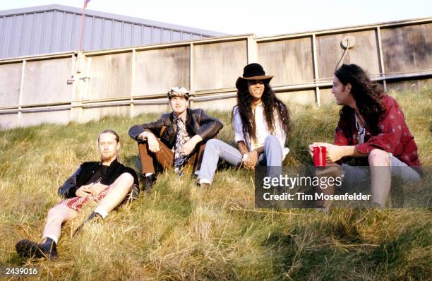 Jerry Cantrell, Layne Staley, Mike Inez, and Sean Kinney of Alice in Chains Backstage at Lollapalooza 93 at Shoreline Amphitheater in Mountain View...