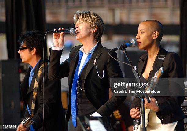 David Bowie performing at the Area 2 Tour 2002 at Shoreline Amphitheater in Mountain View CA. On August 14th, 2002. Photo by Tim Mosenfelder/Getty...