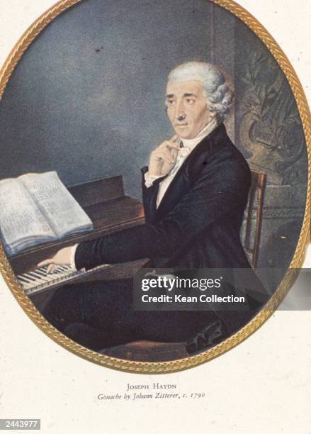 Portrait of Austrian composer Franz Joseph Haydn reflecting while sitting at a piano, c. 1790.