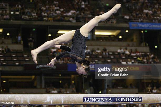 Catalina Ponor of Romania competes in the Women's balance beam during the apparatus Finals of the 2003 World Gymnastics Championships on August 24,...
