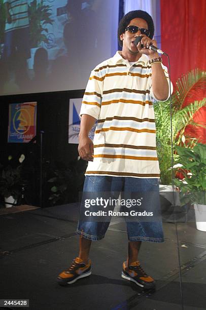 Singer Tego Calderon performs for the e-Latin Grammy Carreras y Musica program at Miami Dade Community College August 29, 2003 in Miami, Florida.