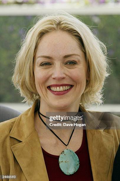 American actress Sharon Stone arrives at the opening night party of the 55th International Film Festival on May 15, 2002 in Cannes, France.