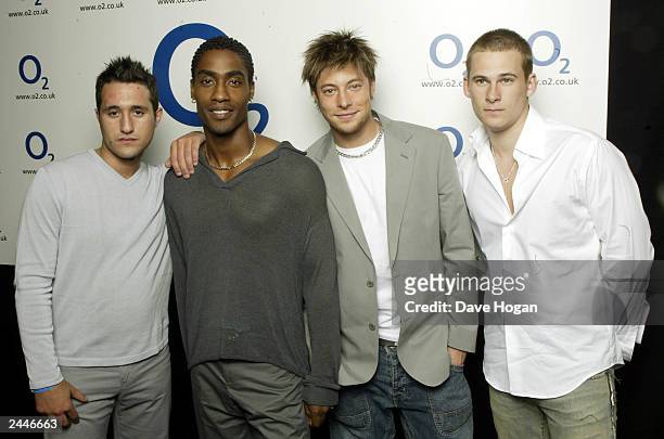 British pop stars Antony Costa , Simon Webbe , Duncan James and Lee Ryan of boy band "Blue" attend the Nordoff Robbins Lunch at the Intercontinental...