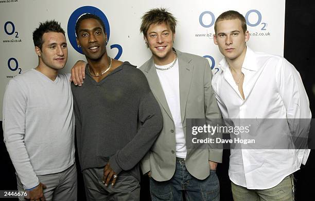 British pop stars Antony Costa , Simon Webbe , Duncan James and Lee Ryan of boy band "Blue" attend the Nordoff Robbins Lunch at the Intercontinental...