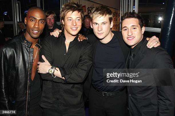 British boy band members Simon Webbe , Duncan James , Lee Ryan and Antony Costa of "Blue" arrive at the Brit Awards at Earls Court on February 20,...