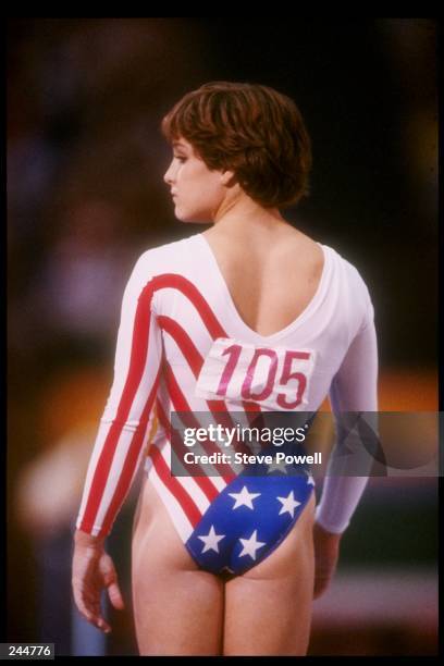 Mary Lou Retton of the United States performs in the Women's Team All-Around competition on 3rd August 1984 during the XXIII Olympic Summer Games at...