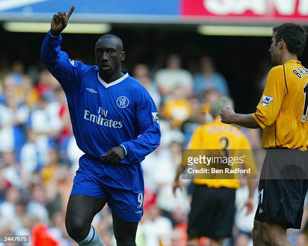 Jimmy Floyd Hasselbaink of Chelsea celebrates scoring their second goal during the FA Barclaycard Premiership match between Chelsea and Blackburn...