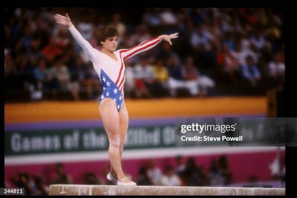 Mary Lou Retton of the United States performs in the Women's Balance Beam event on 5th August 1984 during the XXIII Olympic Summer Games at the Edwin...