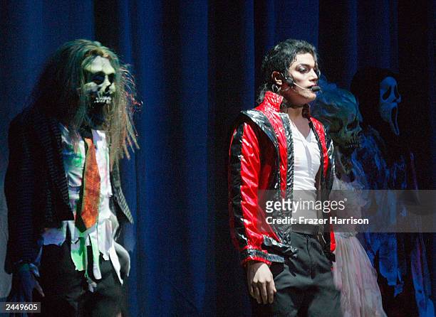 Michael Jackson tribute artist performs "Thriller" on stage at Michael Jackson's 45th birthday party tribute concert held at the Orpheum Theatre on...