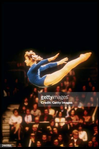 Gymnast Olga Korbut from the Soviet Union performs during the 1973 European Women's Artistic Gymnastics Championships at Earl's Court in London,...