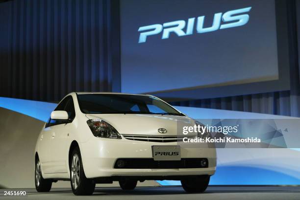 The all new Toyota Prius Hybrid is displayed during a press conference September 1, 2003 in Tokyo, Japan. Toyota Motor Corporation announce the all...